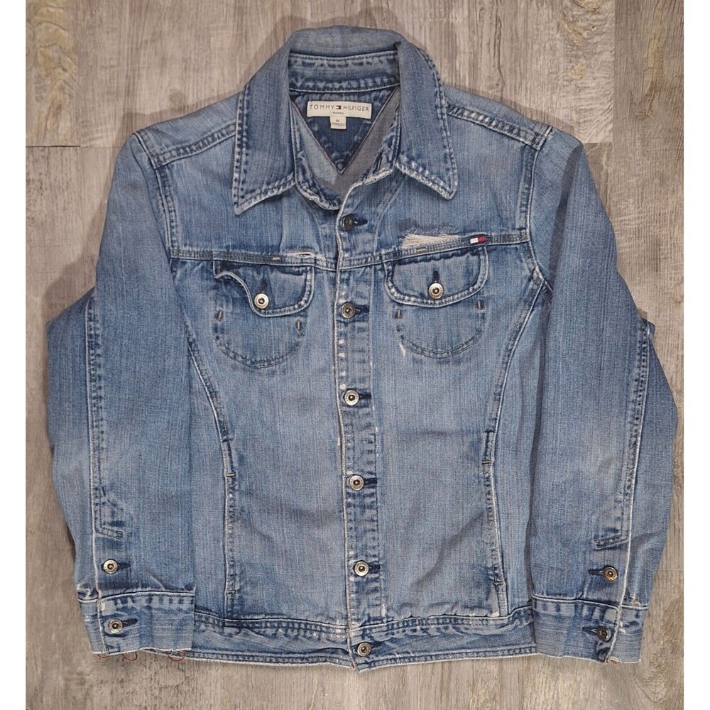 Tommy Hilfiger Womens Plus Size 1X Denim Jean Jacket Distressed Blue Trucker Y2K